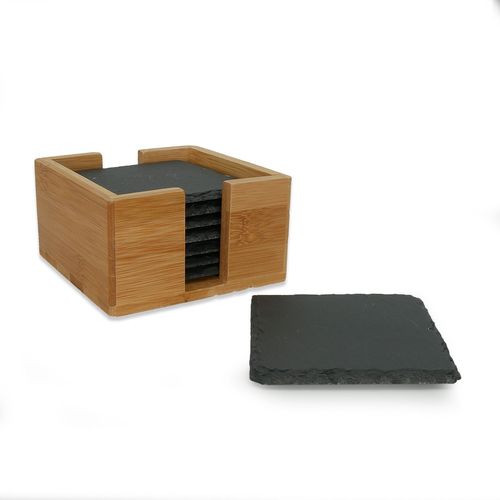 Intirilife Set De 11 Sous-Verres En Ardoise Noire Avec Support En Bambou Et Crayons À Craie - 10 X 10 Cm - Pour Décorer Et Protéger Les Tables