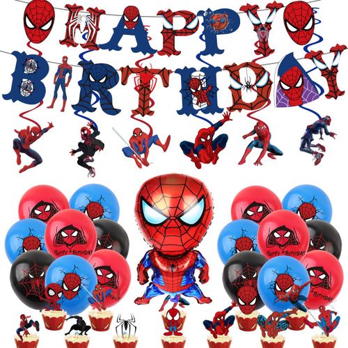 Balloons de fete,D'aluminium Ballons,Ballon Anniversaire Decoration de Fete Anniversaire-Lot 1 : un ensemble de drapeaux a tirer + un ensemble d'inserts a gâteau + un ensemble d'ornements en spirale + 18 ballons en latex + 1 film aluminium Spiderman