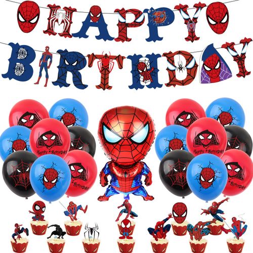 Balloons de fete,D'aluminium Ballons,Ballon Anniversaire Decoration de Fete Anniversaire-Ensemble quatre : un ensemble de drapeaux a tirer + un ensemble d'inserts a gâteau + 18 ballons en latex + 1 film en aluminium Spiderman