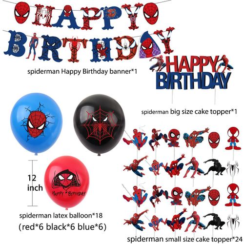 Balloons de fete,D'aluminium Ballons,Ballon Anniversaire Decoration de Fete Anniversaire-Costume Spider-Man : un ensemble de drapeaux a tirer + 18 ballons + 1 insert a gâteau, 24 petits