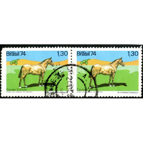 Deux Timbres Oblitérés Brasil, Correio 74, Cavalo Crioulo, 1.30