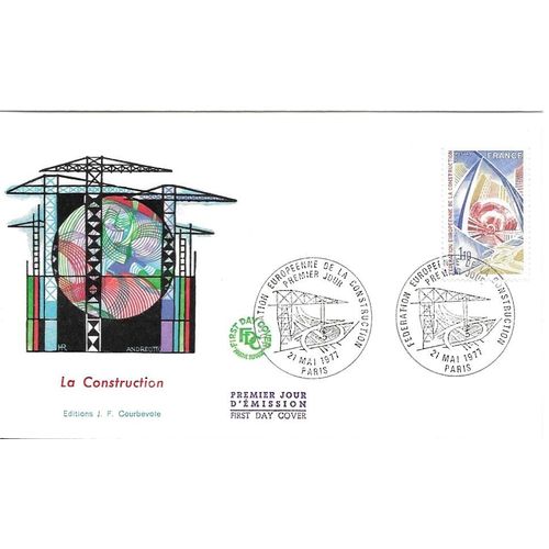 France 1977, Très Belle Enveloppe 1er Jour, Timbre Yvert 1934, Fédération Européenne De La Construction, Belle Illustration Couleur Relief, Cachet De Paris.