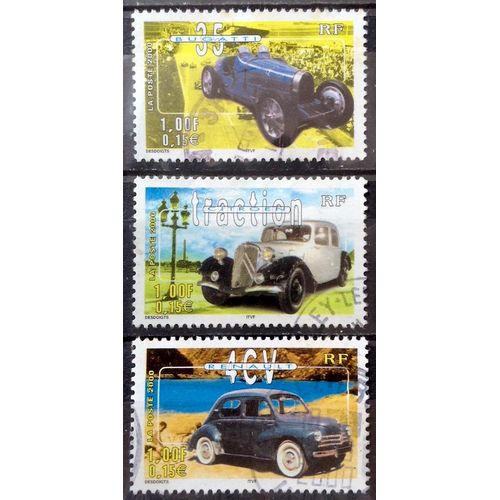 Voitures Anciennes - Bugatti 35 - 1,00 (N° 3317) + Citroen Traction 1,00 (N° 3318) + Renault 4 Cv 1,00 (N° 3319) Obl - France Année 2000 - Brn83 - N12317