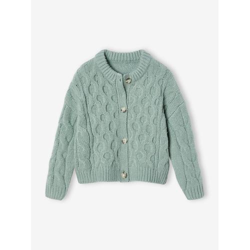 Gilet Maille Torsadée Fille Vert De Gris