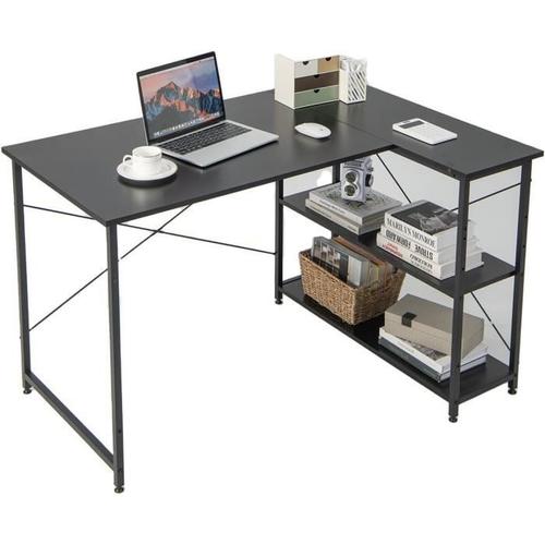 Costway Bureau D'angle - 2 Etagères Rangements, Table En L Pour Travailler, Réviser, Gaming, Style Industriel, Pied Reglable Noir