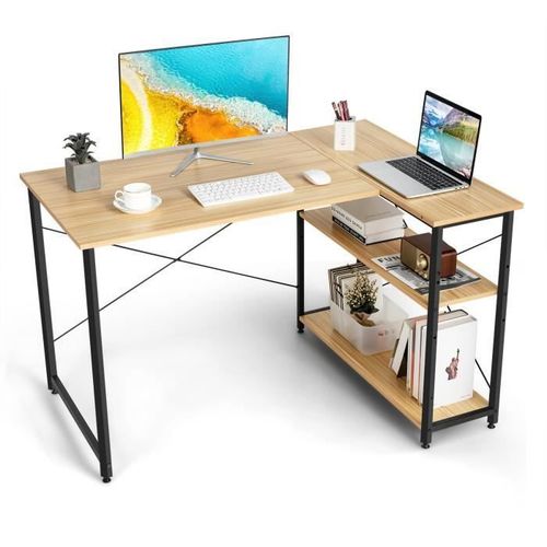 Costway Bureau D'angle - 2 Etagères Rangements, Table En L Pour Travailler, Réviser, Gaming, Style Industriel, Pied Reglable Naturel
