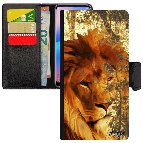 Coque Samsung Galaxy S23 Rabat Porte Cartes Lion Portable Motif Nature Roi Orange Lionne Savane Fauve Magnetique Design Felin Rigide