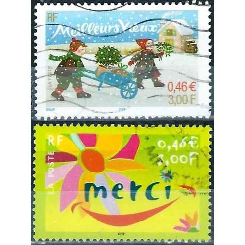 France 2001, Beaux Timbres Yvert 3379 Merci Et 3438 Meilleurs Voeux, Oblitérés, Tbe