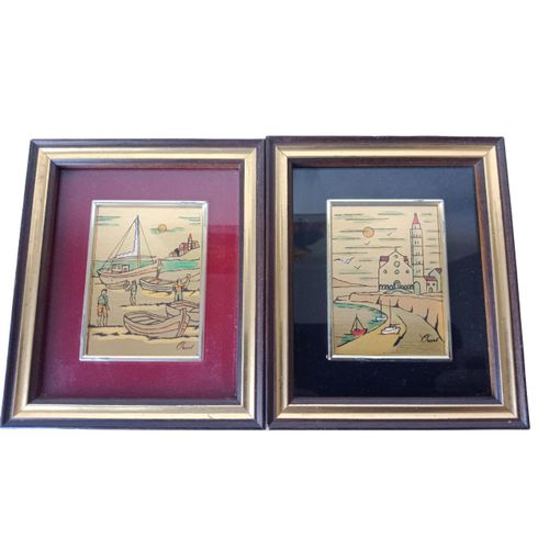 Lot de 2 - Tableaux chromolithographie d'art sur feuille d'or paysage marin bord de mer bateau voilier, cadre en bois liseré doré