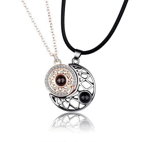 Amour Soleil Et Lune Couple Projection Collier Mâle Et Femelle Paire Pendentif Aimant Ins Niche Design Clavicule Collier - Soleil Et Lune Or Rose + Pistolet Noir (Chaîne + Corde En Cuir)