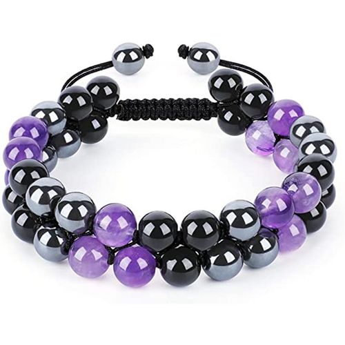 8mm Bleu Oeil De Tigre Pierre Bracelet Aimant Noir Double Couche Agate Noire Tissée A La Main Bracelet Double Rangée Hommes-Améthyste + Aimant Noir + Verre Noir
