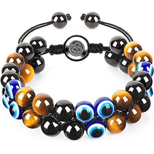 8mm Bleu Oeil De Tigre Pierre Bracelet Aimant Noir Double Main Tressé Agate Noire Bracelet Double Rangée Hommes-Yeux Bleus + Yeux De Tigre Jaune + Verre Noir