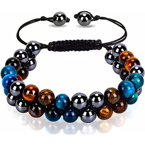 8mm Bleu Oeil De Tigre Pierre Bracelet Aimant Noir Double Couche Tissé A La Main Agate Noire Bracelet Double Rangée Homme-Oeil De Tigre Bleu + Oeil De Tigre Jaune + Aimant Noir