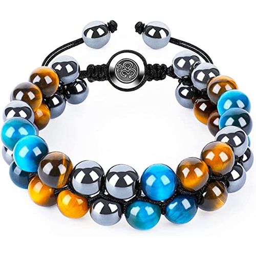 8mm Bleu Oeil De Tigre Pierre Bracelet Aimant Noir Double Couche Agate Noire Tissée A La Main Bracelet Double Rangée Homme-Oeil De Tigre Bleu + Oeil De Tigre Jaune + Verre Noir