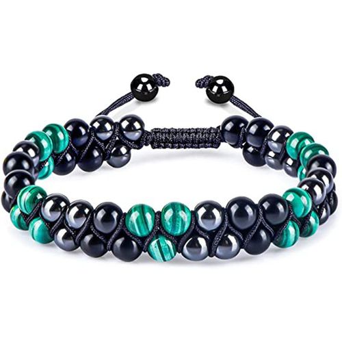 8mm Bleu Oeil De Tigre Pierre Bracelet Aimant Noir Double Couche Agate Noire Tissée A La Main Bracelet Double Rangée Hommes-Malachite + Verre Noir + Aimant Noir