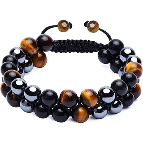 8mm Bleu Oeil De Tigre Pierre Bracelet Aimant Noir Double Couche Agate Noire Tissée A La Main Bracelet Double Rangée Homme-Oeil De Tigre Jaune + Aimant Noir + Verre Noir