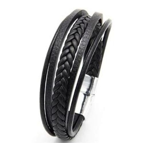 Bracelet Multicouche Tissé A La Main Bijoux Pour Hommes Corde En Cuir Bracelet Rétro Magnétique-Boucle En Argent Noir 23cm