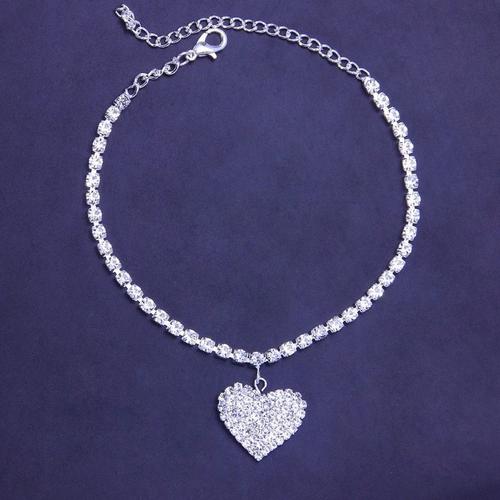 Alliage Simple Cristal Coeur Diamant Bracelet De Cheville En Forme De Coeur 2023 Ventes De Bijoux Pour Femmes-Argent