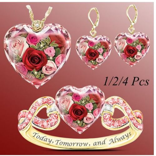 Nouveau Cristal Coeur Rose Collier Ensemble Mode Dames Plaqué Or Zircon Bijoux-Boucles D'oreilles