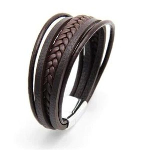 Bracelet Multicouche Tissé A La Main Bijoux Pour Hommes Corde En Cuir Bracelet Rétro Magnétique-Boucle En Argent Marron 23cm