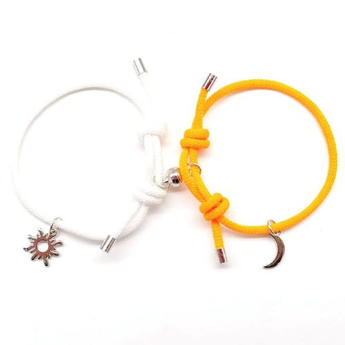 Nouvelle Arrivée Magnétique Soleil Lune Couple Bracelet Couture Haltere Tissage Corde A Main Réglable Pour Hommes Et Femmes-Corde De Milan Blanc + Orange