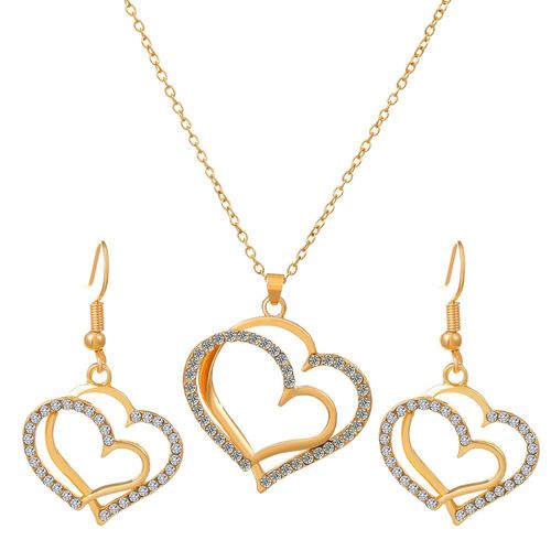 Collier Dames Femmes Amour Ensemble De Bijoux Rétro Mode Personnalité Alliage Diamant Creux Coeur Pendentif Boucles D'oreilles-Kc Or Collier + Boucles D'oreilles