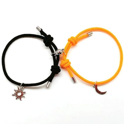 Nouvelle Arrivée Magnétique Soleil Lune Couple Bracelet Couture Haltere Tissage Corde A Main Réglable Pour Hommes Et Femmes-Corde De Milan Noir + Orange