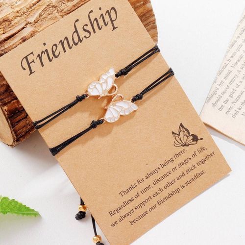 Nouvelle Arrivée Meilleurs Amis Papillon Bons Amis Cire Corde Tissage Amitié Carte Bracelet Femmes-Doré Blanc + Blanc Avec Carte Papier