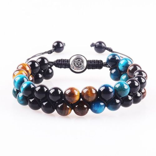 Bracelet En Agate Oeil De Tigre Naturel Pour Homme Bracelet De Perles De Yoga Aimant Noir Tressé Réglable - Arrangement Quadrilatere Oeil De Tigre Bleu Et Jaune 8mm