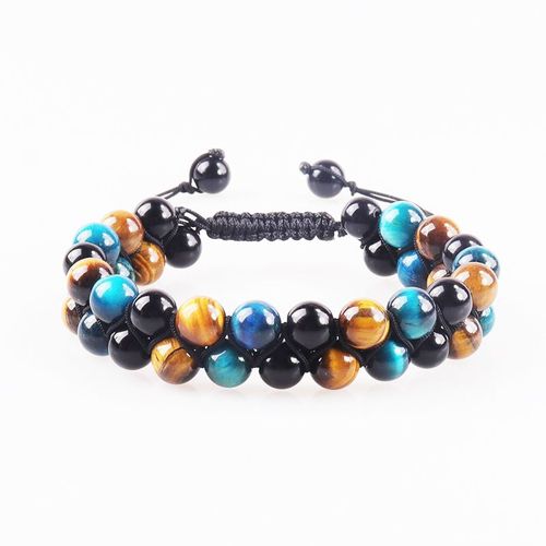 Bracelet En Agate Oeil De Tigre Naturel Pour Homme Tressé Réglable Aimant Noir Yoga Perlé Bracelet-8mm Tigre Bleu + Tigre Jaune + Verre Noir