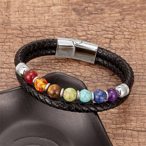Nouvelle Arrivée Coloré 8mm Pierre Perlée Hommes Bijoux Vintage En Cuir Pierre Naturelle Bracelet - Blanc Boucle Magnétique B