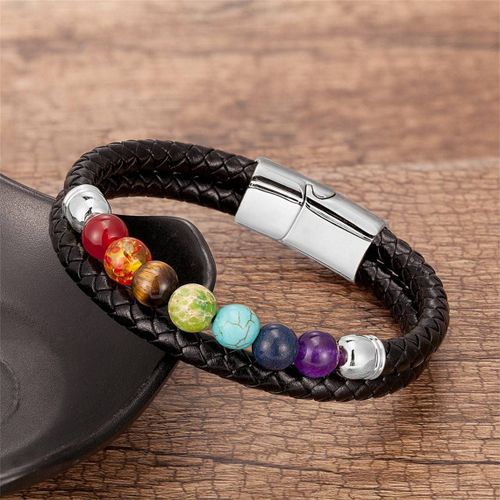 Nouvelle Arrivée Coloré 8mm Pierre Perlée Hommes Bijoux Vintage En Cuir Pierre Naturelle Bracelet - Blanc Boucle Magnétique A