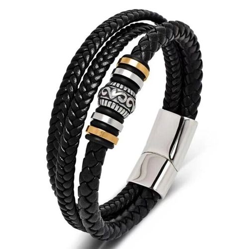 Bracelet En Corde De Cuir Tressé Multicouche De Style Ethnique Bracelet En Cuir A Boucle En Alliage Rétro Pour Hommes - Boucle En Argent Noir 23cm