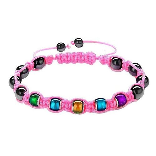 Bracelet Tissé Aimant Noir Pierre Biliaire Noire Perle D'humeur Perlée Perles Sensibles A La Température Changeant De Couleur Bracelet Tissé-Corde Rose