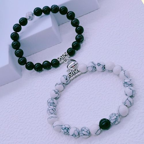 Bracelet Pour Homme Et Femme Une Paire De Turquoises Multicolores Couple Bracelet Love Bracelet En Perles De Pierre A Boucle Magnétique - Turquoise Blanche + Turquoise Noire