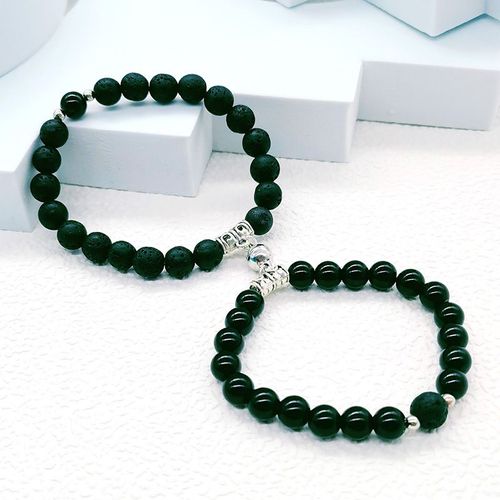Bracelets Pour Hommes Et Femmes Une Paire De Bracelets De Couple Turquoise Multicolores Bracelets De Perles En Pierre Avec Boucle Magnétique - Pierre Volcanique + Perles Noires