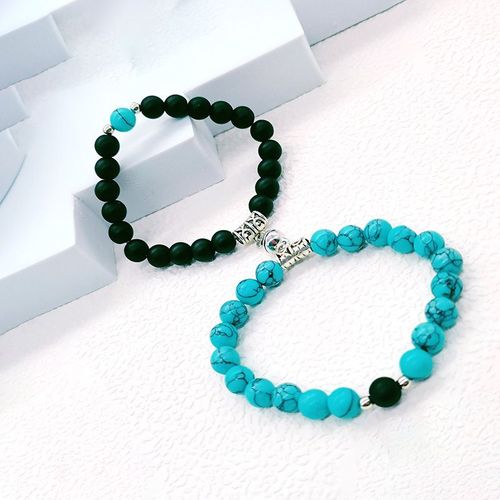 Bracelet Pour Homme Et Femme Une Paire De Bracelet Couple Turquoise Multicolore Coeur Boucle Magnétique Bracelet Perlé Pierre - Noir Mat + Bleu Turquoise
