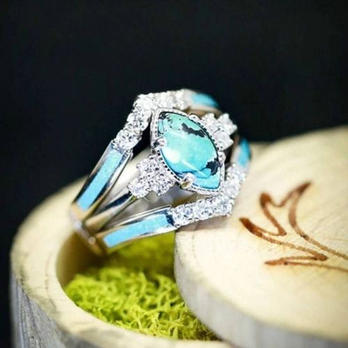 Nouvelle Arrivée De Mode Vintage Diamant Bleu Turquoise Ensemble De Bague Trois Pieces - Ensemble De Trois Pieces En Argent - Taille 9