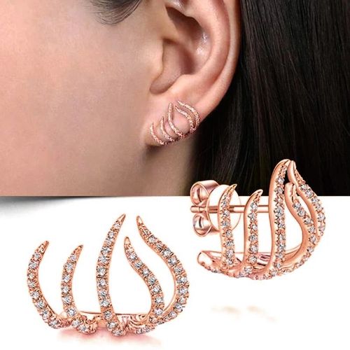 Boucles D'oreilles New Ear Row Boucles D'oreilles Design Vent Froid Incrustées De Diamants Boucles D'oreilles Incurvées A Trois Couches - Cinq Griffes En Or Rose