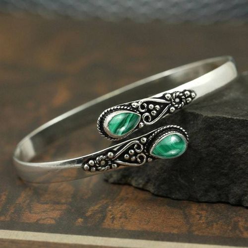 Nouvelle Arrivée Incrusté Vert Agate Bracelet Mode Rétro Réglable Bracelet Femme-Vintage Argent-Vert
