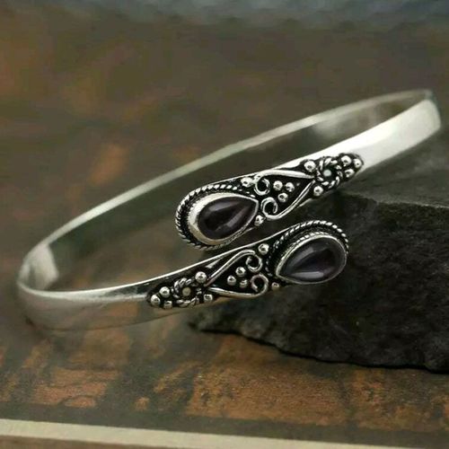 Nouvelle Arrivée Incrusté Vert Agate Bracelet Mode Rétro Bracelet Réglable Pour Femme-Vintage Argent-Noir