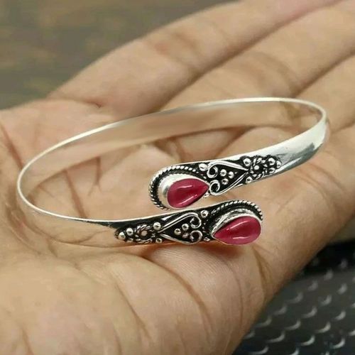 Nouvelle Arrivée Incrusté Vert Agate Bracelet Mode Rétro Bracelet Réglable Pour Femme - Vintage Argent - Rose