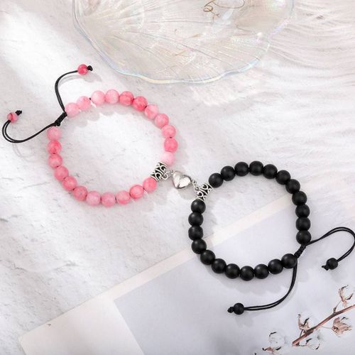 Couple Aimant Bracelet Oeil De Tigre Pierre Volcanique Bracelet Perlé Ajustable-Bracelet Magnétique-Rose+Noir Mat