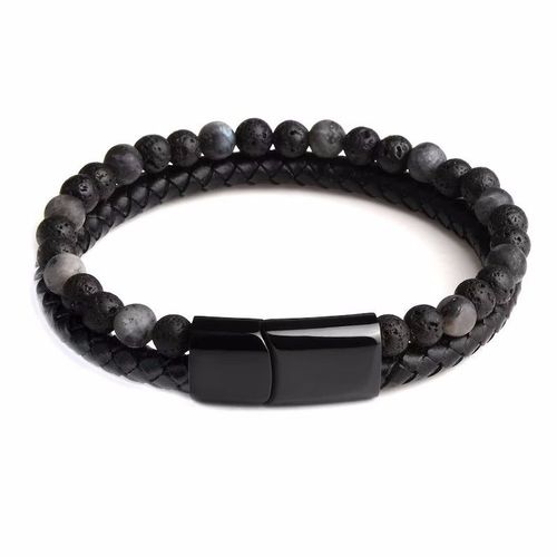Nouvelle Arrivée Hommes Alliage Cuir Corde Bracelet En Pierre Naturelle Double Couche Oeil De Tigre Pierre Volcanique Bracelet Perlé - Pierre Volcanique Gris Perles 21cm
