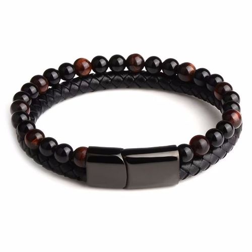Nouvelle Arrivée Hommes Alliage Cuir Corde Bracelet En Pierre Naturelle Double Couche Oeil De Tigre Pierre Volcanique Bracelet Perlé - Oeil De Tigre Rouge 23cm
