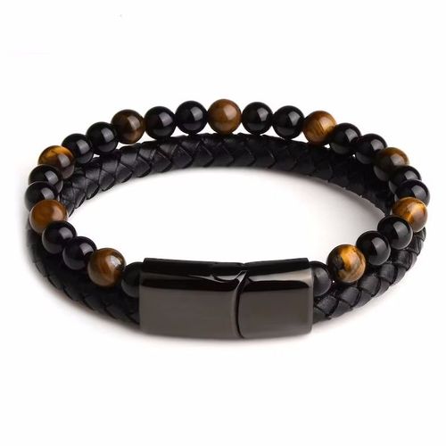 Nouvelle Arrivée Hommes Alliage Cuir Corde Pierre Naturelle Bracelet Double Couche Oeil De Tigre Pierre Volcanique Pierre Perlé Bracelet - Oeil De Tigre Jaune 21cm