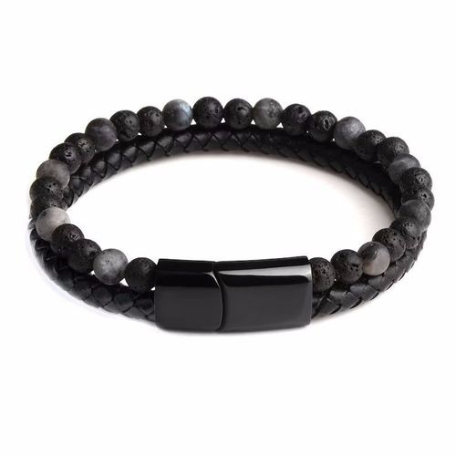 Nouvelle Arrivée Hommes Alliage Cuir Corde Pierre Naturelle Bracelet Double Couche Oeil De Tigre Pierre Volcanique Bracelet Perlé - Pierre Volcanique Gris Perles 23cm