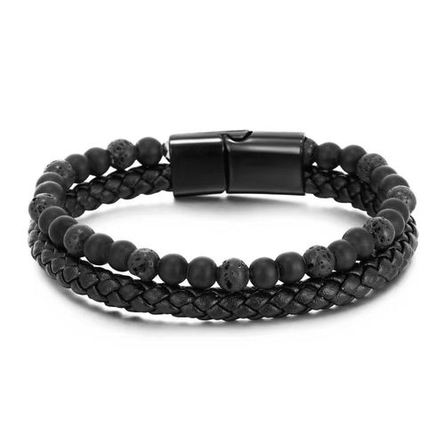 Nouvelle Arrivée Hommes Alliage Cuir Corde Pierre Naturelle Bracelet Double Couche Oeil De Tigre Pierre Volcanique Bracelet Perlé - Pierre Volcanique Friction Cuir 21cm