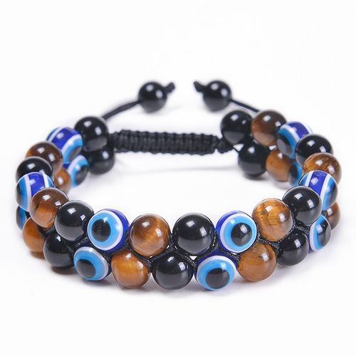 Bracelet Evil Eye Pierre Oeil De Tigre Bracelet Aimant Noir Bracelet Double Tressé Devil Eye Pierre Naturelle - Oeil De Tigre Jaune + Perle Noire + Bracelet Devil Eye