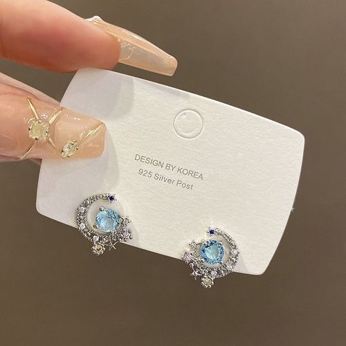 Boucles D'oreilles Étoile Et Lune En Zircon Bleu Vent Ins Pour Le Sens De La Conception De Niche Féminine De Boucles D'oreilles De Tempérament Simple Version Coréenne Du Nouveau Bijou D'oreille-E5969 Argent